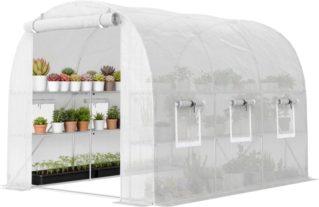 Outsunny Seră aprox. 2,7 x 2 x 2 m cu rafturi, ușă rulabilă cu fermoar, 6 ferestre cu plasă, tije de susținere | Aosom Romania