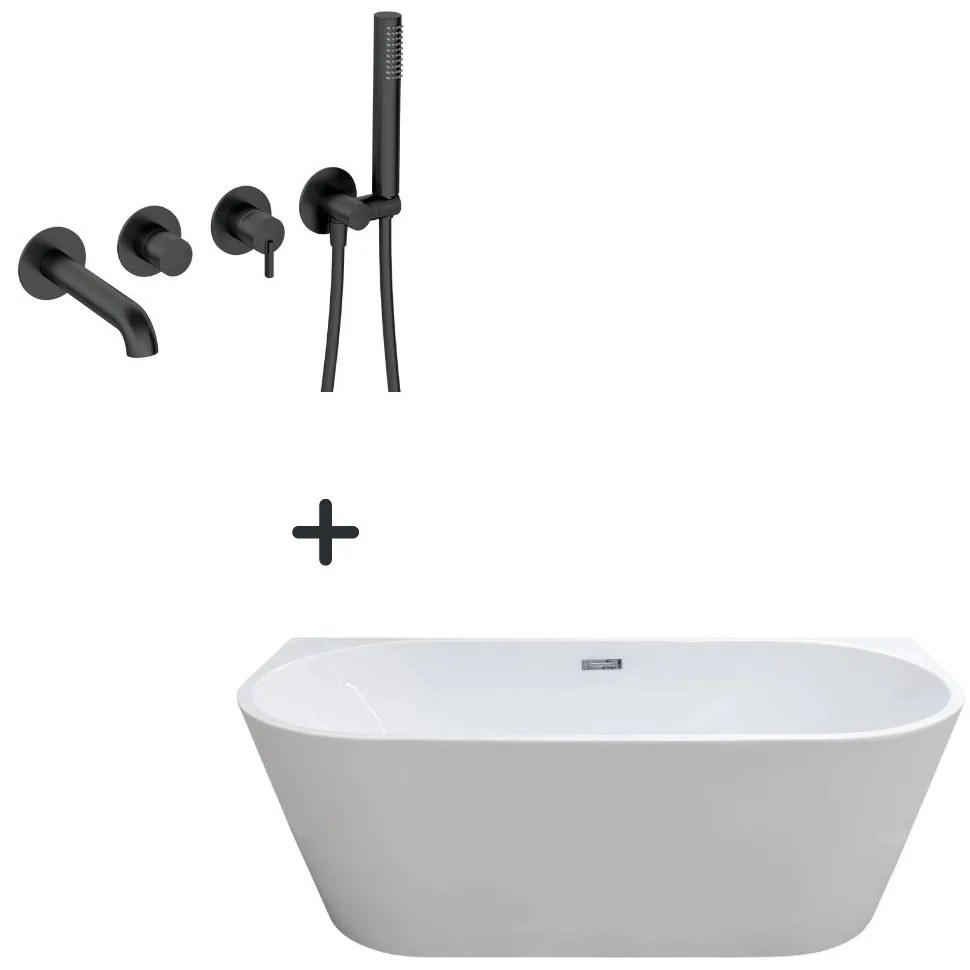 Set cada baie freestanding, lipita de perete, Foglia Mara, 170x80 cm si baterie incastrata negru mat, Deante Silia