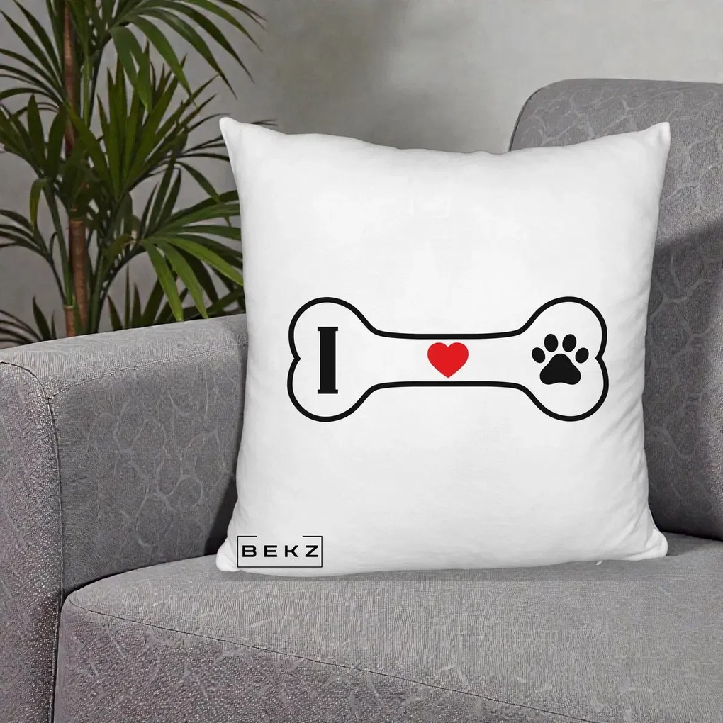 Perna Personalizata I Love Dog Os si Labuta, 40x40 cm, Alb Pufos, Husa Detasabila, Perna Inclusa, BEKZ®