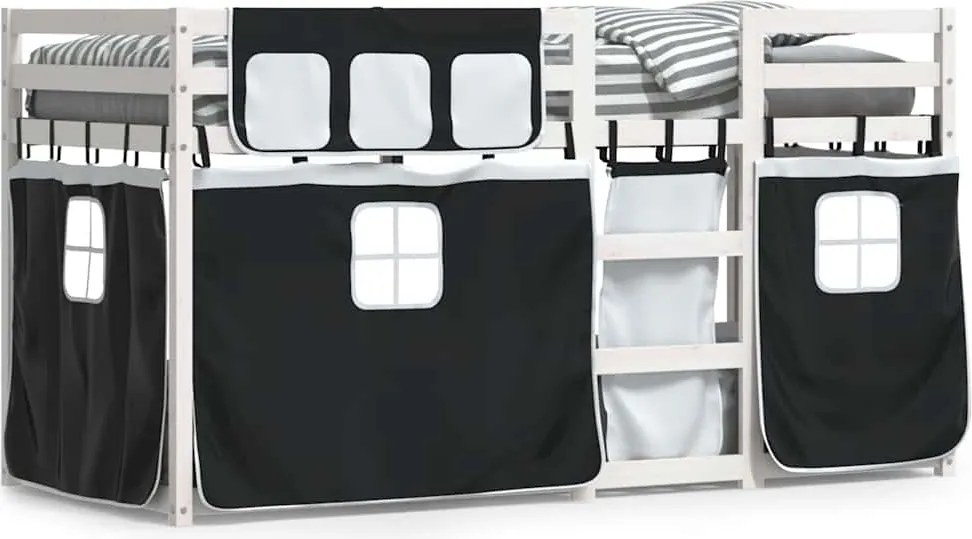 vidaXL Pat supraetajat de copii perdele, alb/negru, 90x190 cm lemn pin