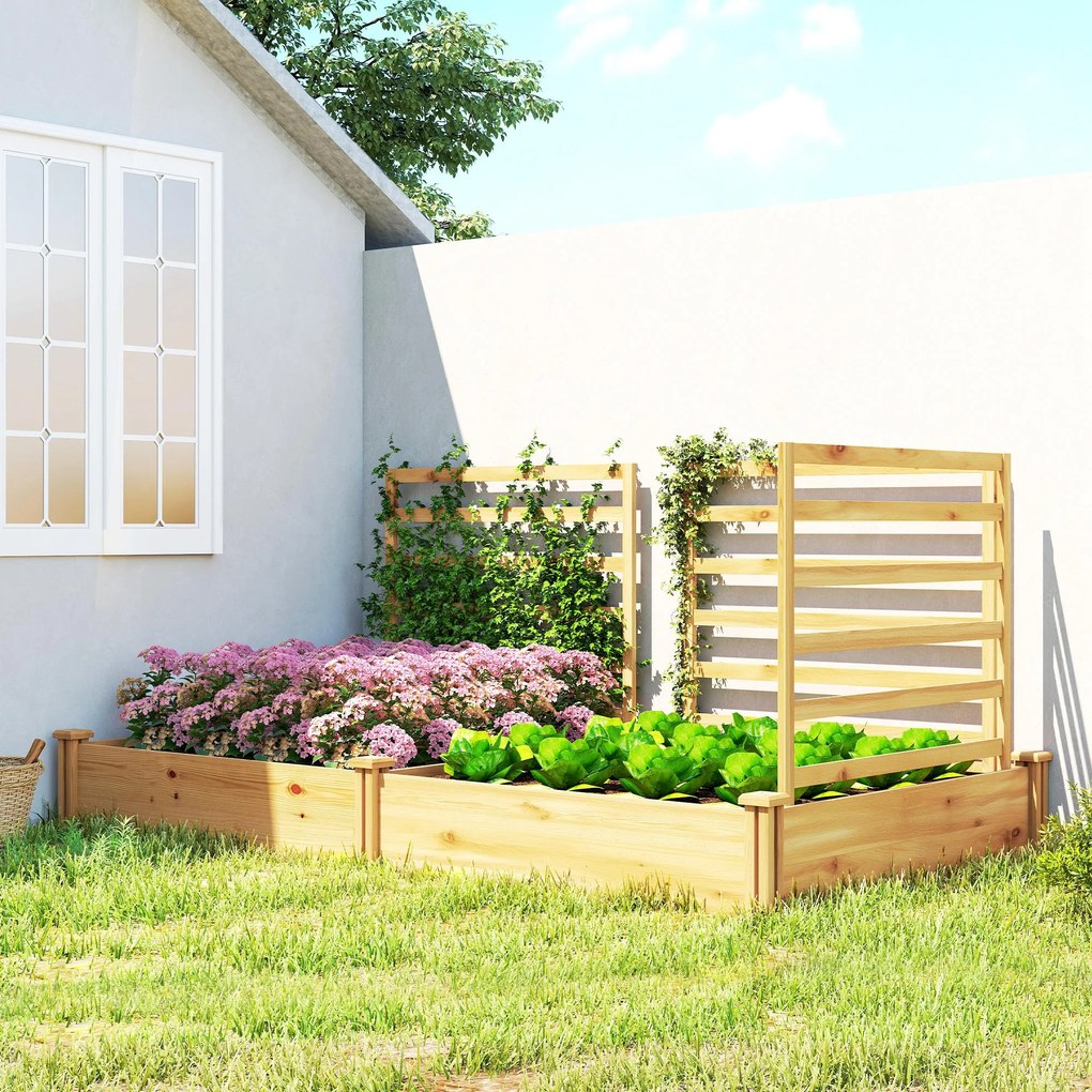 Outsunny Pat de grădină înălțat cu spalier Jardiniere din lemn cu 3 spaliere Perete despărțitor Bază deschisă 240 x 125 x 102 cm Lemn natural | Aosom Romania