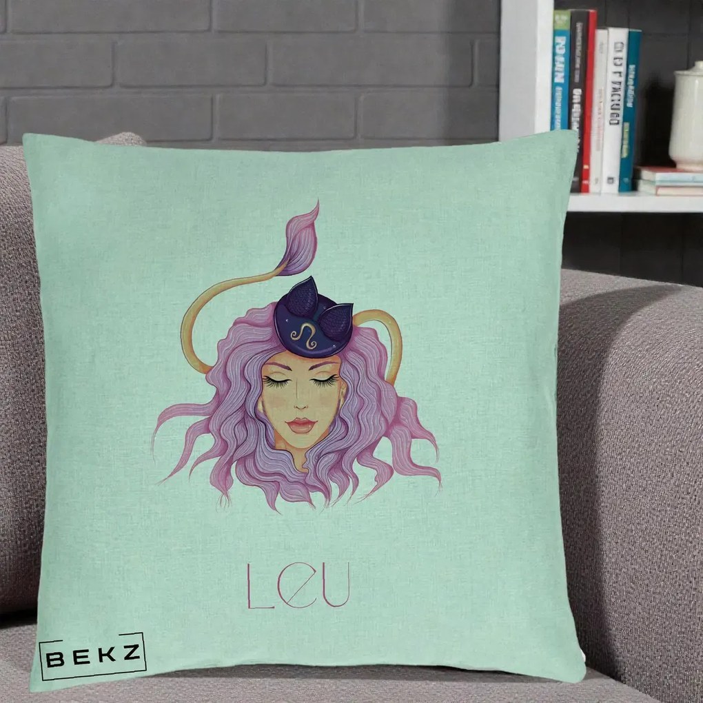 Perna Personalizata Zodie Leu, 40x40 cm, Verde Menta, Husa Detasabila, Perna Inclusa, BEKZ®
