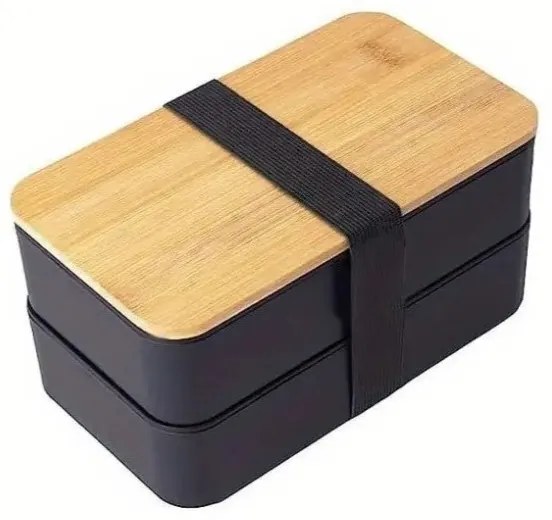 Cutie de pranz DUO LUNCH cu tacamuri, negru/bambus