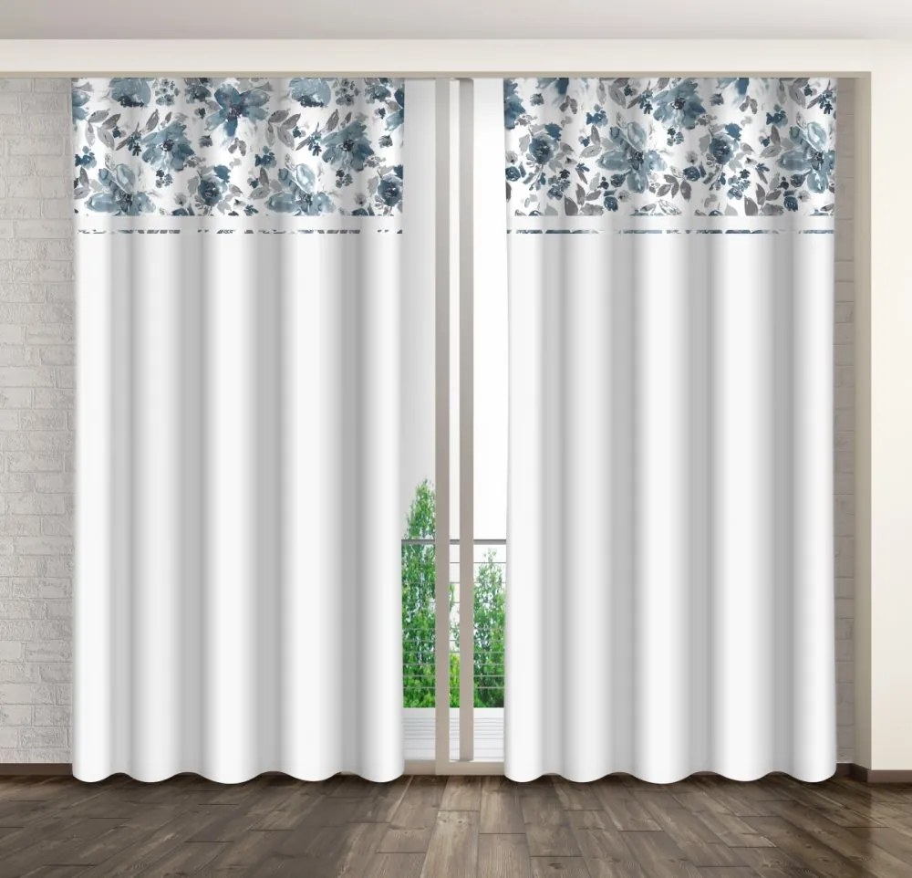 Draperie decorativă albă cu un imprimeu de flori simple albastre Lățime: 160 cm | Lungime: 250 cm