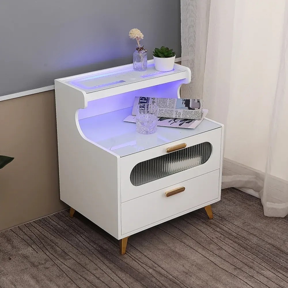 RESIGILAT- Noptieră inteligentă multifunctională, lumină LED RGB, încarcare wireless, 2 sertare, sticlă securizată, Alb
