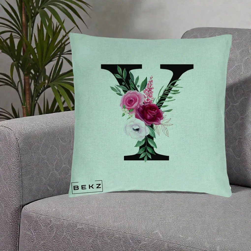 Cadou Personalizat - Perna Personalizata Monograma Florala Litera Y cu Buchet, 40x40 cm, Verde Menta, Husa Detasabila, Perna Inclusa, BEKZ®