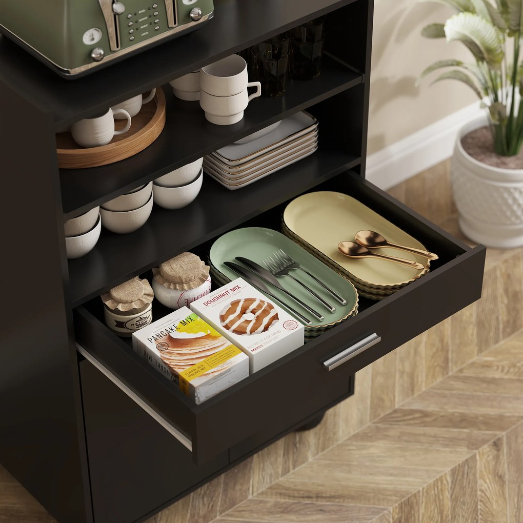 HOMCOM Dulap pentru Cuptorul cu Microunde cu Roți, Bufet de Bucătărie cu Sertar, Blat pentru Aparate, Dulap cu 2 Uși, Raft Retractabil și Raft Deschis, Cărucior de Bucătărie pentru Sufragerie, 59x40x92cm, Negru | Aosom Romania