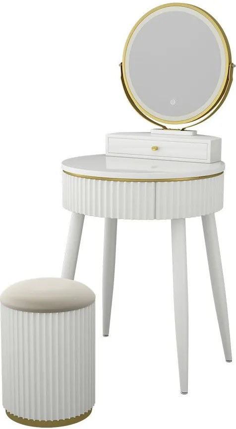 Masuta machiaj cu Oglinda LED si 1 Sertar pentru Cosmetice, Set Masa toaleta 60 cm, Alb, masuta vanity cu Riflaj, cosmetica - SEA459