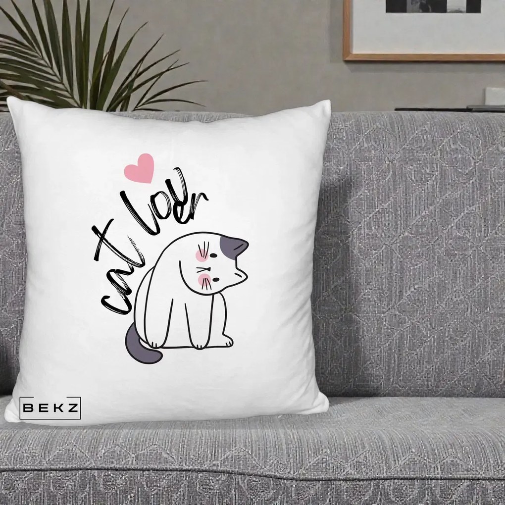 Perna Personalizata Cat Lover Pisica Ilustratie Linie, 40x40 cm, Alb Pufos, Husa Detasabila, Perna Inclusa, BEKZ®