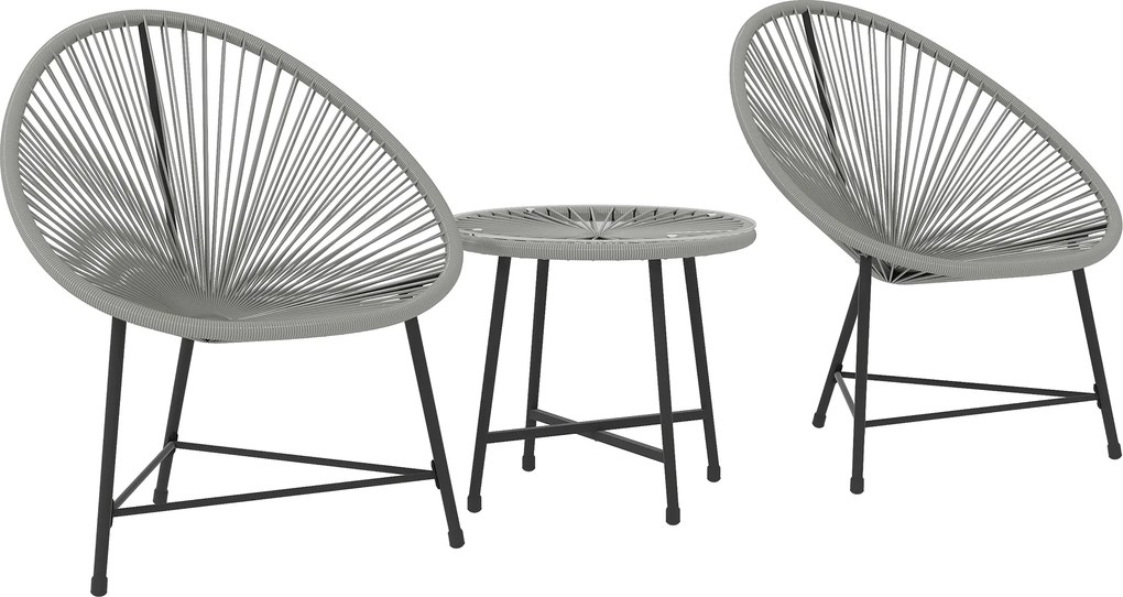 Outsunny Set mobilier de grădină 3 piese, 2 scaune din ratan plastic, 1 masă cu blat din sticlă, cadru din oțel, mobilier de exterior, Gri | Aosom Romania