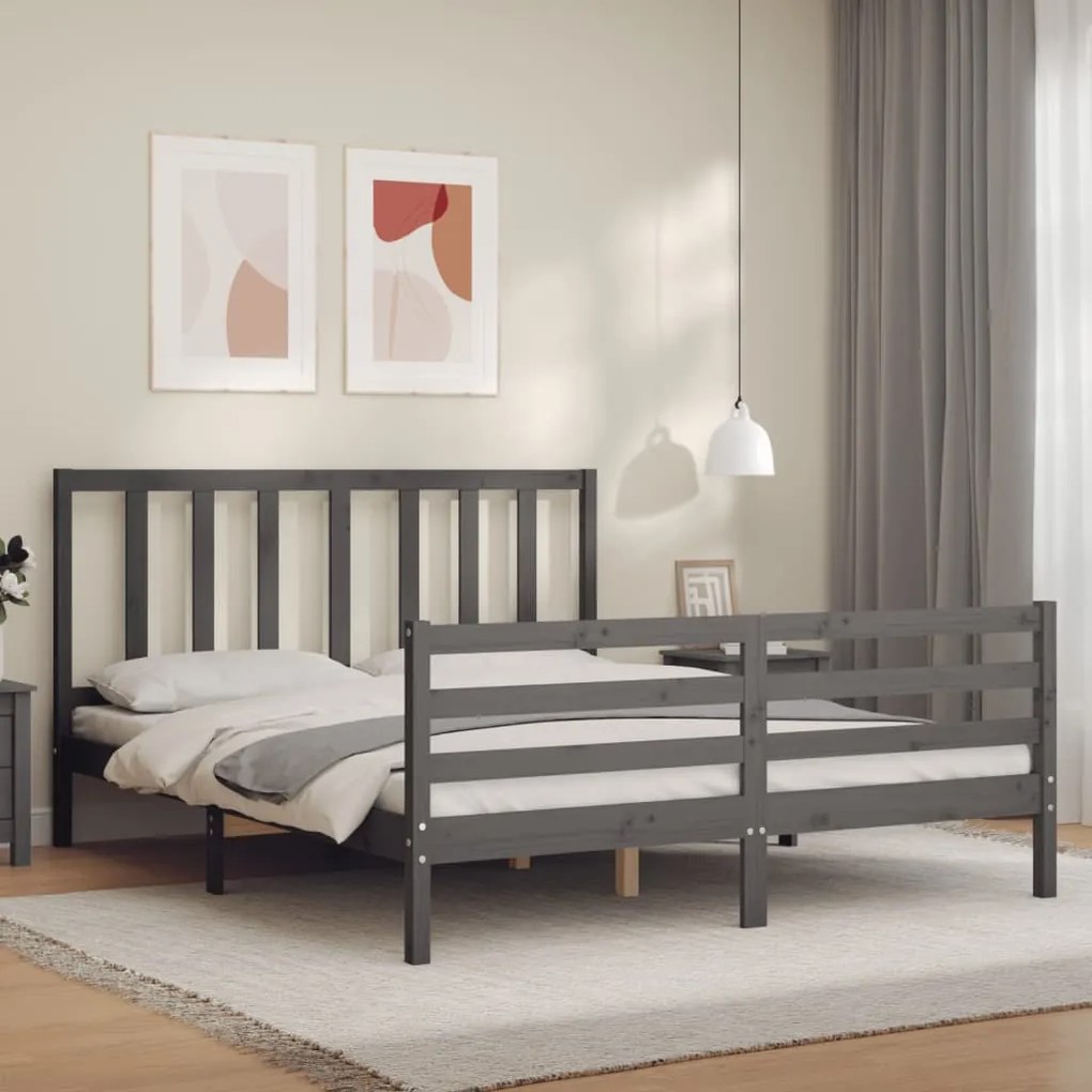 3193868 vidaXL Cadru de pat cu tăblie, gri, 160x200 cm, lemn masiv