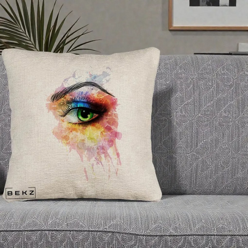 Perna Decorativa Ochi Verde Acuarela, 40x40 cm, Bej Canapea, Husa Detasabila, Perna Inclusa, BEKZ®