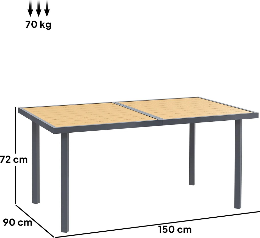 Outsunny Masă de luat masa pentru grădină pentru 6 persoane, masă de grădină cu blat din oțel cu aspect de lemn, 150 x 90 x 72 cm, lemn natural | Aosom Romania