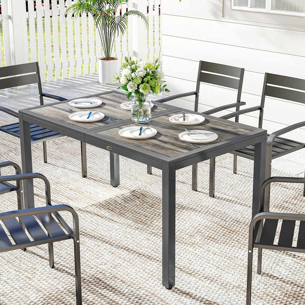 Outsunny Masă de grădină pentru 4–6 persoane, masă de exterior cu blat cu efect de lemn, 140 x 80 x 72 cm, gri închis | Aosom Romania
