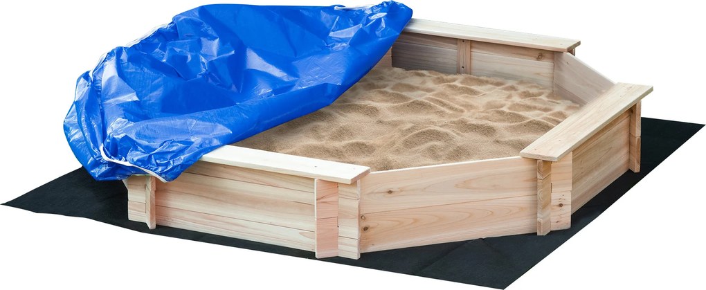 Outsunny Cutie de Nisip pentru Copii 3-8 Ani cu Scaune și Peliculă de Acoperire, 139,5x139,5x21,5 cm, Lemn Natural | Aosom Romania