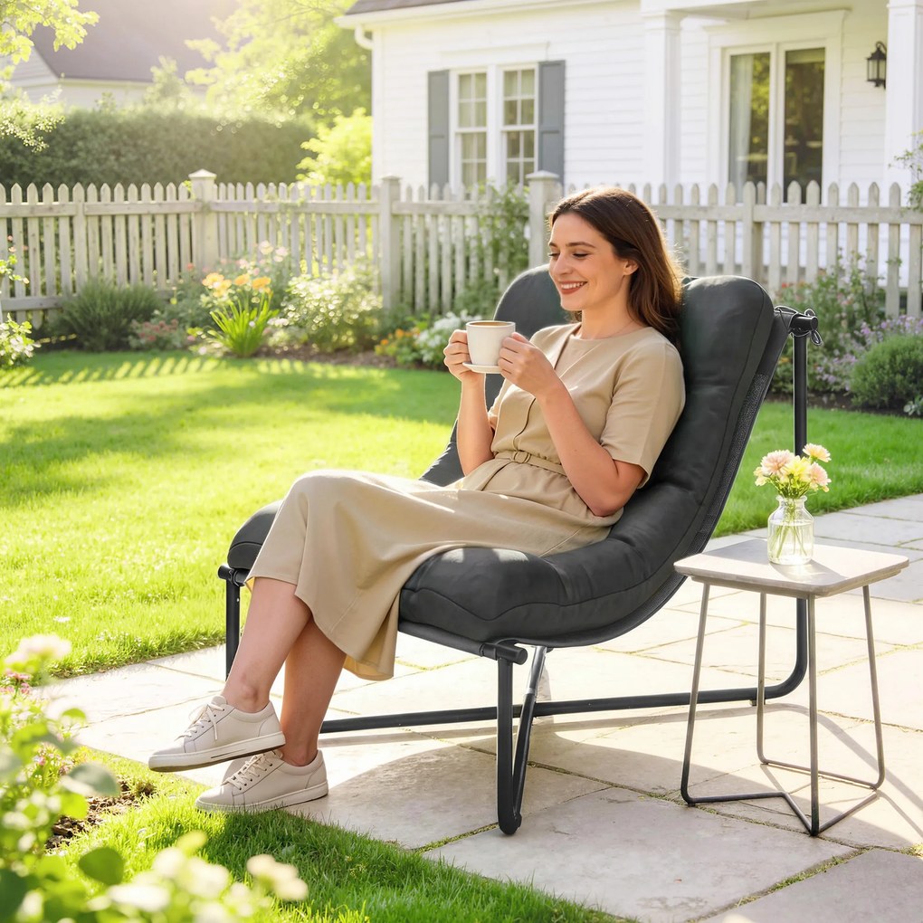 Outsunny Fotoliu lounge outdoor, fotoliu ergonomic de grădină cu pernă prietenoasă pielii, șezut lat, cadru din oțel, gri închis | Aosom Romania