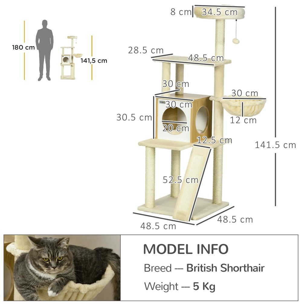 PawHut Copac Pisici cu Casuță Stâlpi Zgârieturi Bej 48.5x48.5x141.5cm | Aosom Romania