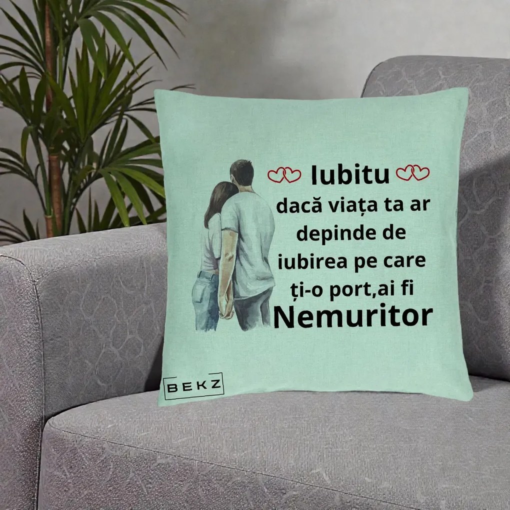 Cadou pentru Iubita - Perna Personalizata Iubitu Nemuritor cu Cuplu Acuarela si Inimi Rosii, 40x40 cm, Verde Menta, Husa Detasabila, Perna Inclusa, BEKZ®