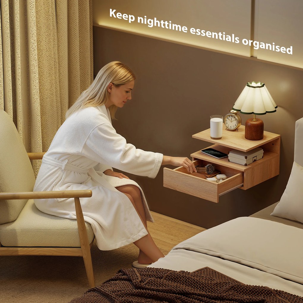 HOMCOM Set de 2 Noptiere Moderne Suspendate pentru Dormitor cu Sertar si Blat  din Lemn 35x32x22.5cm, Stejar | Aosom Romania