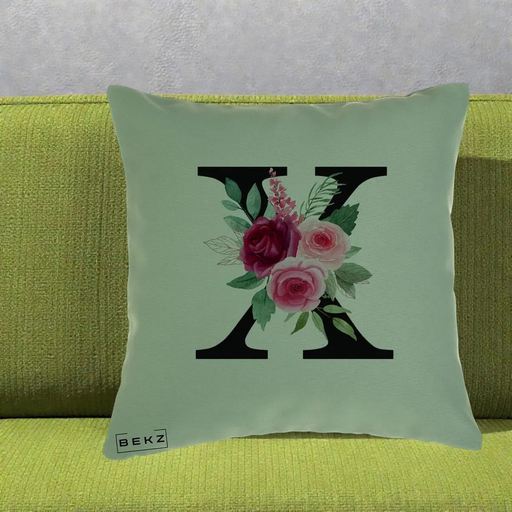 Cadou Personalizat - Perna Personalizata Monograma Florala Litera X cu Buchet, 40x40 cm, Verde, Husa Detasabila, Perna Inclusa, BEKZ®