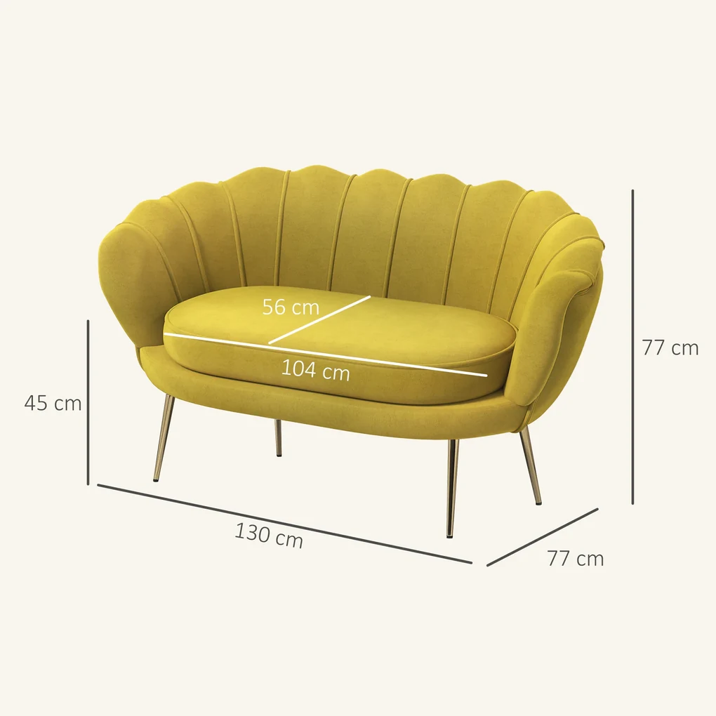 HOMCOM Canapea Modernă de 2 Locuri cu Brațe și Șezut Căptușit, pentru Dormitor și Sufragerie, 130x77x77 cm, Galben | Aosom Romania