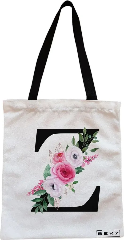 Sacosa de Panza pentru Cumparaturi, Geanta Tote, Cu litera Z si Trandafiri, Cu fermoar, 38x34.5 cm, Alba, BEKZ®