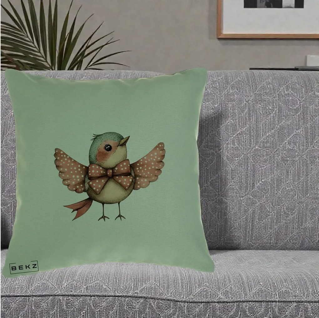 Perna Decorativa Pasare Roz cu Aripi si Fundita, 40x40 cm, Verde, Husa Detasabila, Perna Inclusa, BEKZ®