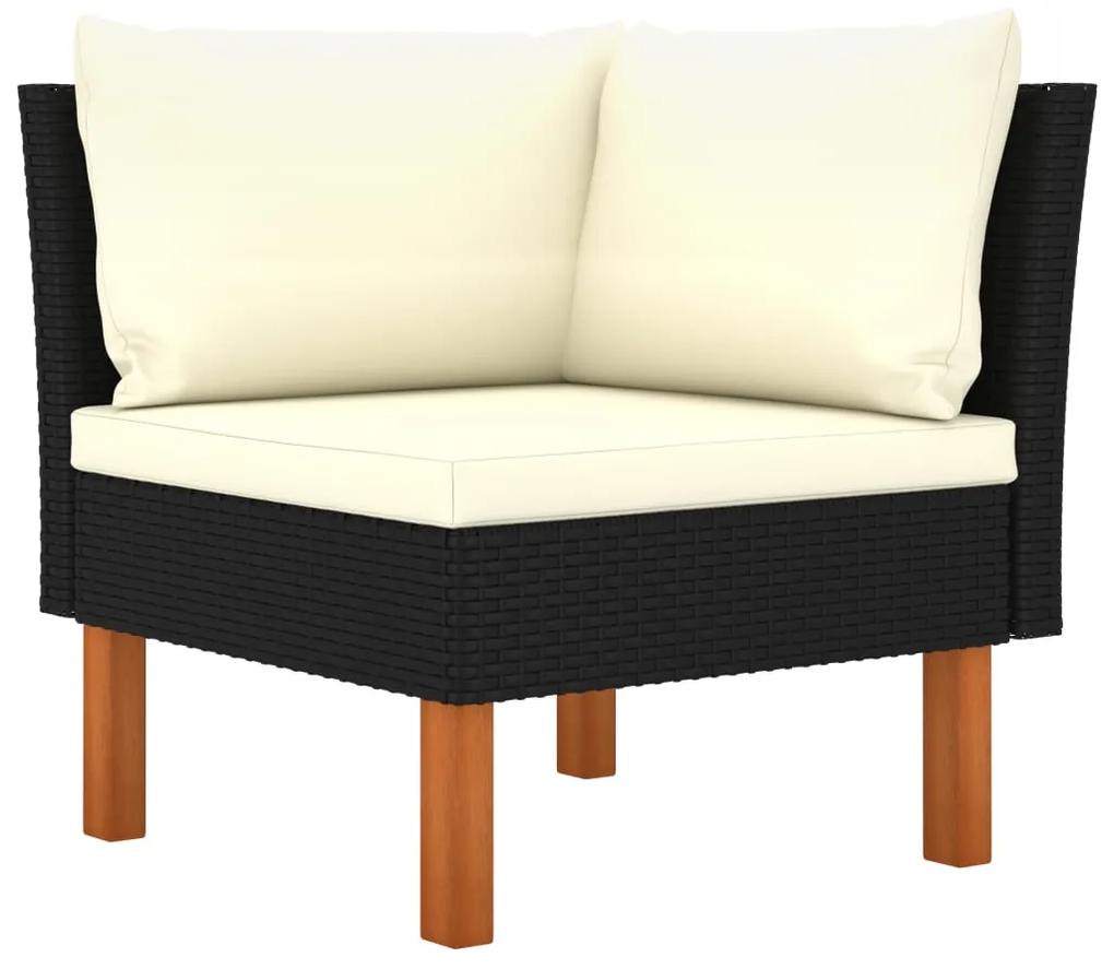 Set mobilier gradina, 3 piese, poliratan  lemn masiv eucalipt 1, Negru, Canapea de centru + canapea de colt + suport pentru picioare