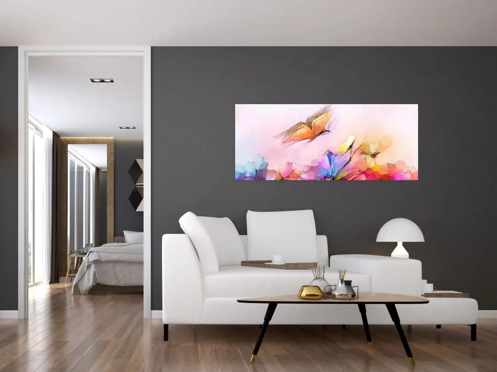 Tablou - Fluture asupra florilor, abstracție (120x50 cm)