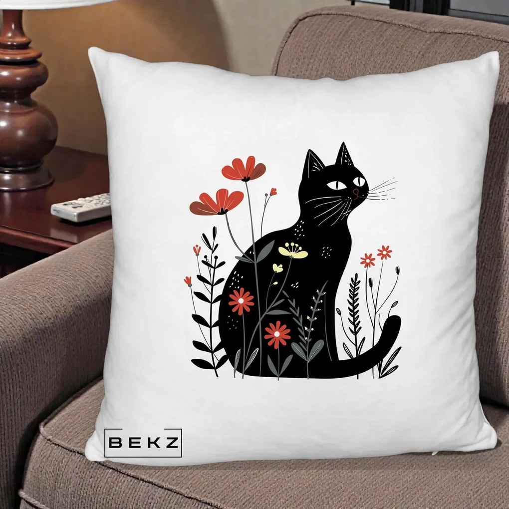 Perna Decorativa Pisica Neagra Flori Rosii Folk, 40x40 cm, Alb Pufos, Husa Detasabila, Perna Inclusa, BEKZ®