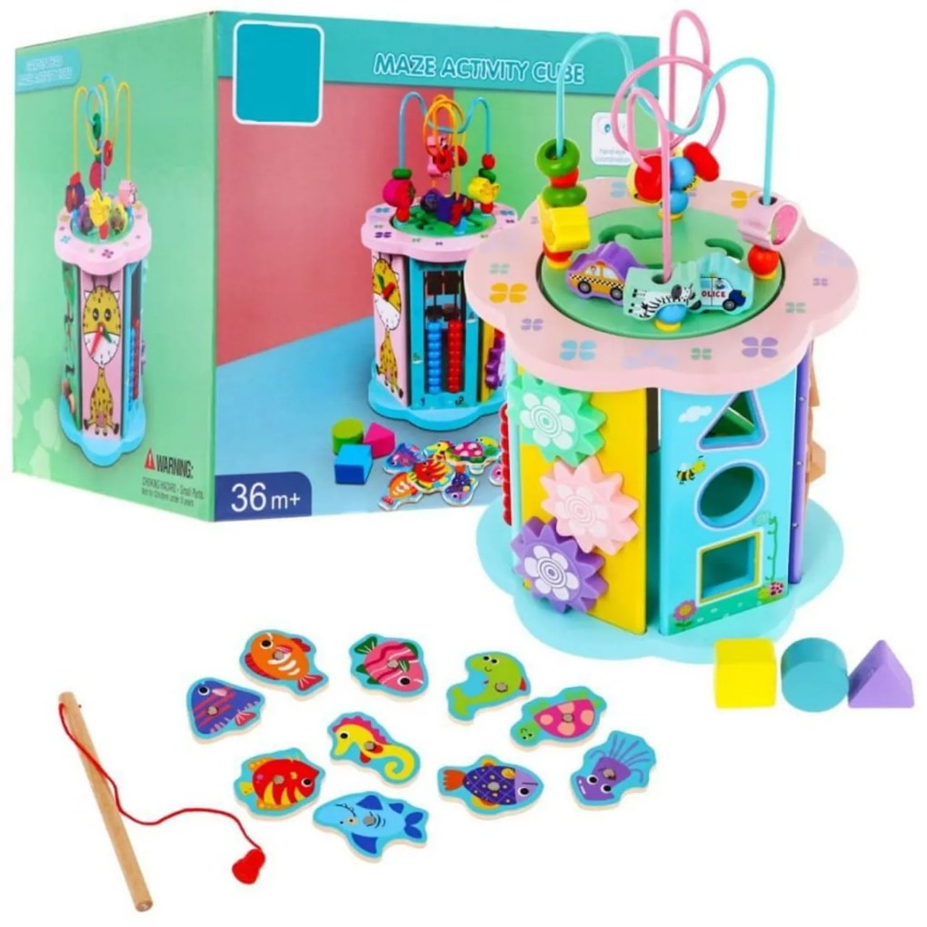 Cub educativ de tip Montessori din lemn masiv NOVOKIDS™ Supreme EduCube, 8 in 1, Cu forme geometrice, Labirint, Numaratoare si masinute, Motricitate