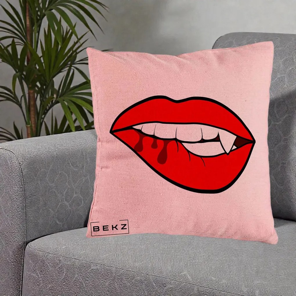 Perna Decorativa Vampire Lips Halloween, 40x40 cm, Roz, Husa Detasabila, Perna Inclusa, BEKZ®