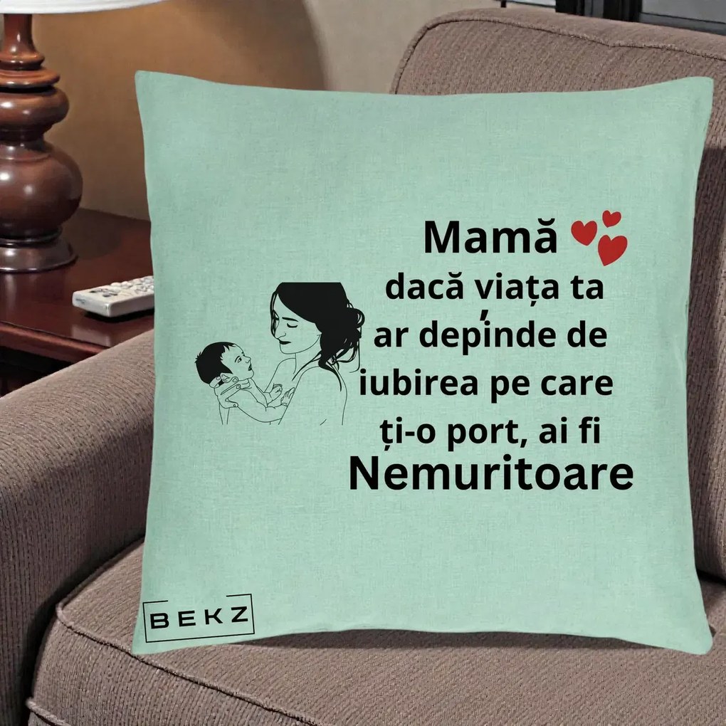 Cadou pentru Mama - Perna Personalizata Mama Nemuritoare Imbratisare Copil, 40x40 cm, Verde Menta, Husa Detasabila, Perna Inclusa, BEKZ®