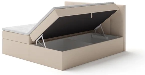 Pat tapițat EMBER 180x200 cm, bej, cu saltele, topper și spațiu de depozitare integrat