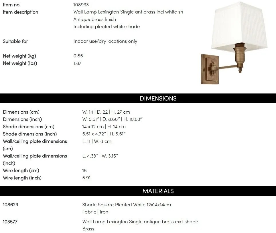 Aplica de perete moderna LUX, finisaj brass cu abajur alb, Lexington Single 108933 HZ
