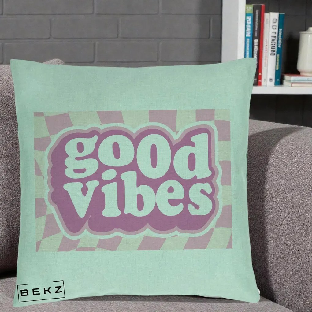 Perna Decorativa Good Vibes Retro Roz, 40x40 cm, Verde Menta, Husa Detasabila, Perna Inclusa, BEKZ®