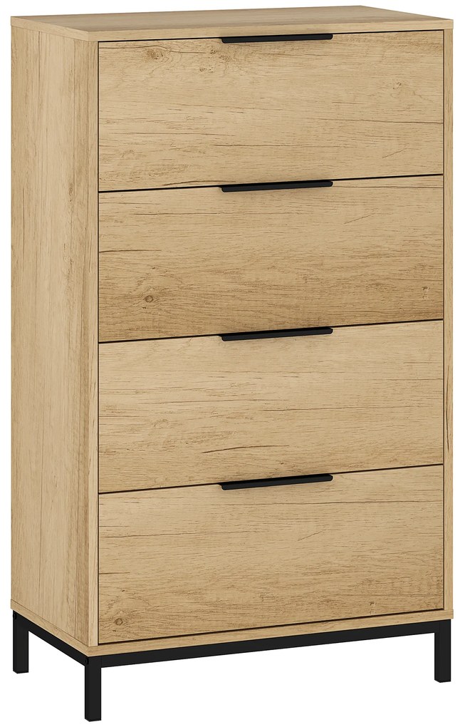 HOMCOM Comodă înaltă pentru dormitor cu 4 sertare, mânere metalice, comodă îngustă pentru living/hol 62x35x105 cm Natural | Aosom Romania