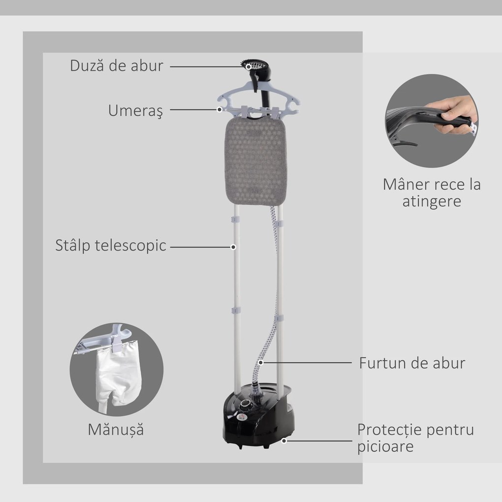 HOMCOM Aparat de Călcat Vertical cu Aburi, Fier de Călcat de 2L, Putere 1950W cu 2 Tije Portabil, 35x25x23cm | Aosom Romania