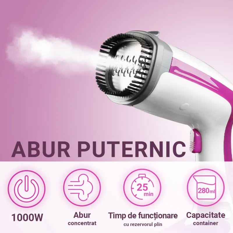 Aparat de calacat vertical cu aburi Oliver Voltz OV51051A, 1000W, 280 ml, 10g/min, Alb/Roz