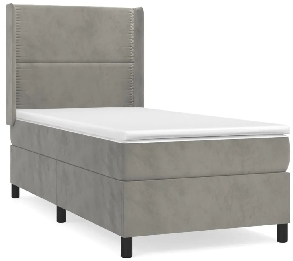 Pat box spring cu saltea, gri deschis, 90x190 cm, catifea Gri deschis, 90 x 190 cm, Culoare unica si cuie de tapiterie