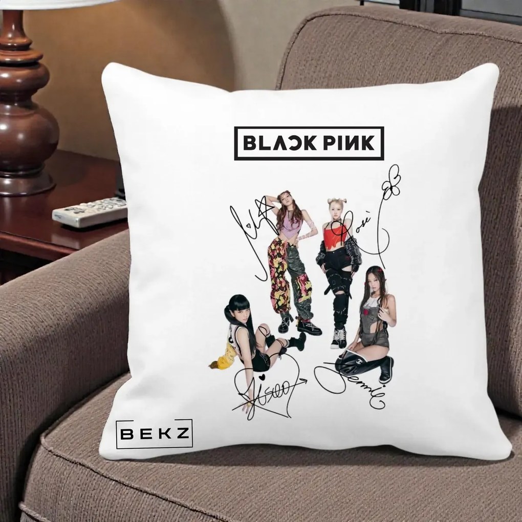 Perna Personalizata K-pop BLACKPINK Fotografie Grup Autografe Toate Membre, 40x40 cm, Alba Mata, Husa Detasabila, Perna Inclusa, BEKZ®