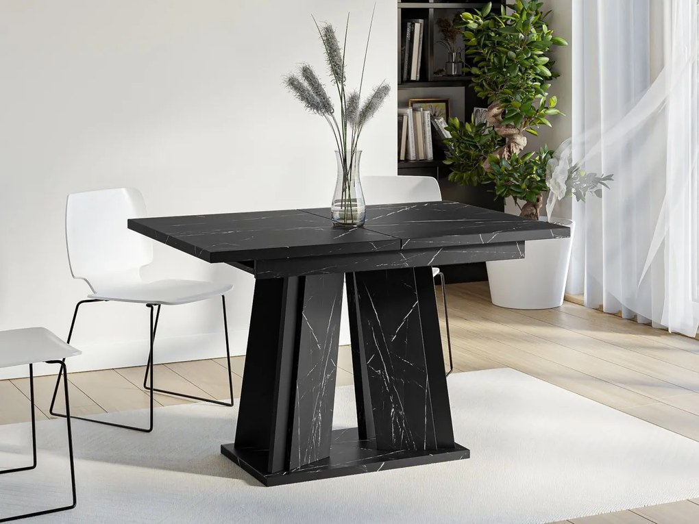 Masă sufragerie extensibilă Ledysa (Negru Marmură royal + lucios negru) (pentru 2-6 persoane). 1105398