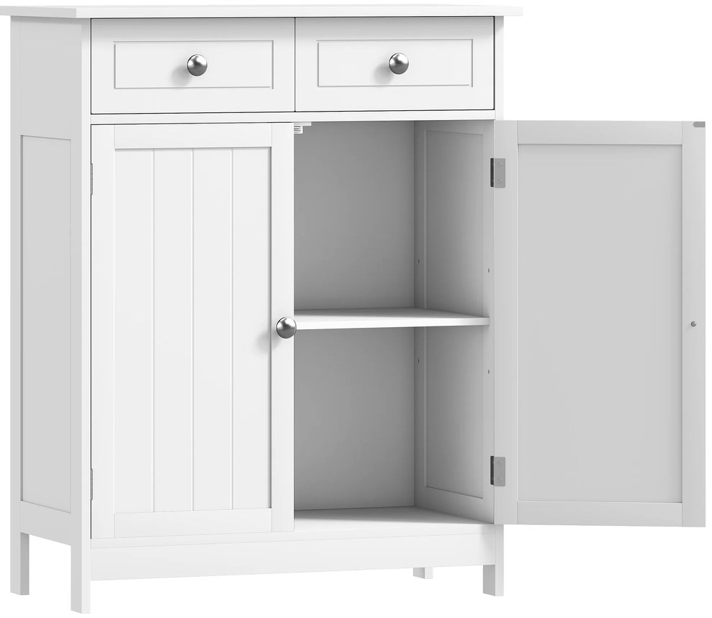 kleankin Dulap de Depozitare Organizator Independent pentru Baie de Podea cu 2 Usi, 2 Sertare si Raft Reglabil, Alb | Aosom Romania