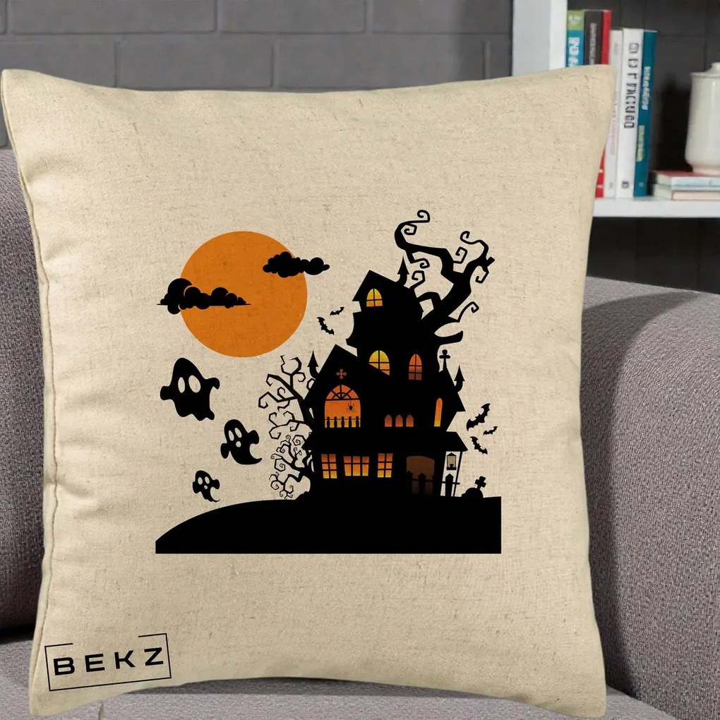 Perna Decorativa Halloween Casa Bantuita cu Fantome, 40x40 cm, Bej, Husa Detasabila, Perna Inclusa, BEKZ®