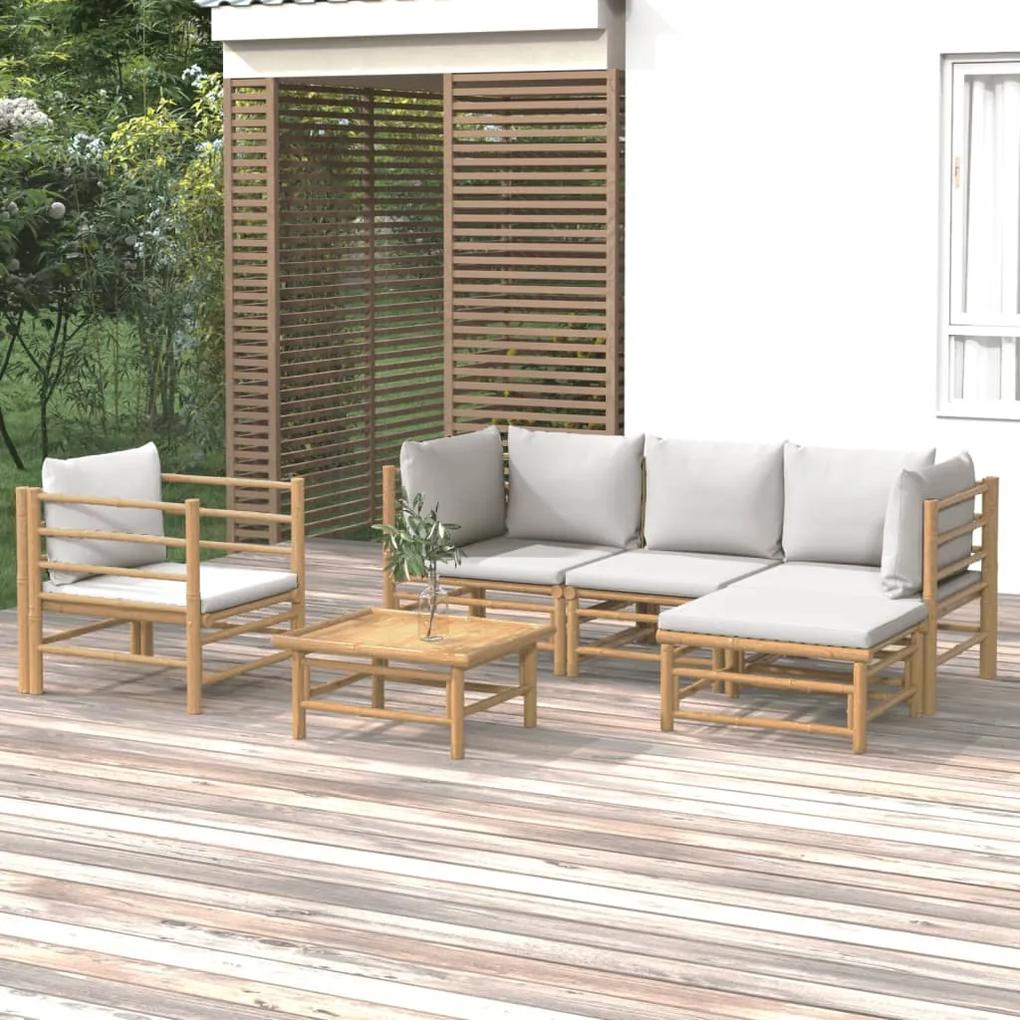 Set mobilier de gradina cu perne gri deschis, 6 piese, bambus