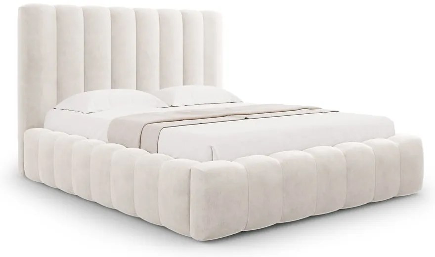 Pat matrimonial crem tapițat cu spațiu de depozitare cu somieră 160x200 cm Kelp – Micadoni Home