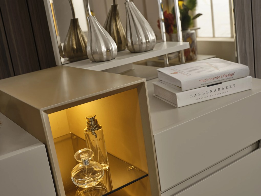 Set dormitor cu pat, noptiere, dulap, comoda din mdf crem si picioare metalice - riva