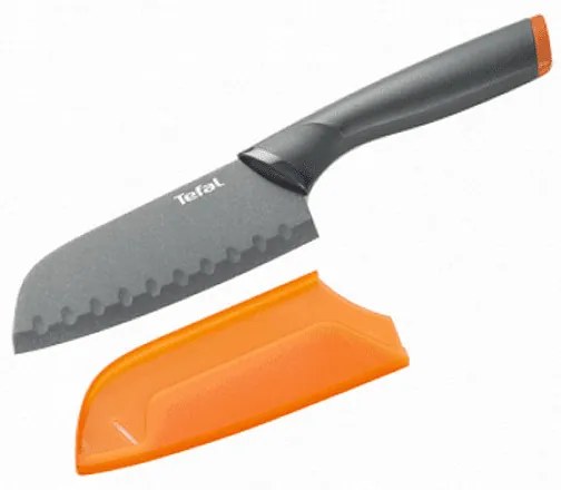 Cutit SantokuTefal Fresh Kitchen K1220104, 12 cm, Acoperit cu titan, Protectie lama, Maner ergonomic, Gri