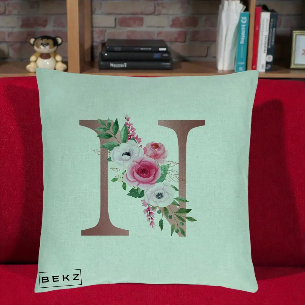 Cadou Personalizat - Perna Personalizata Monograma Rose Gold Litera N, 40x40 cm, Verde Menta, Husa Detasabila, Perna Inclusa, BEKZ®