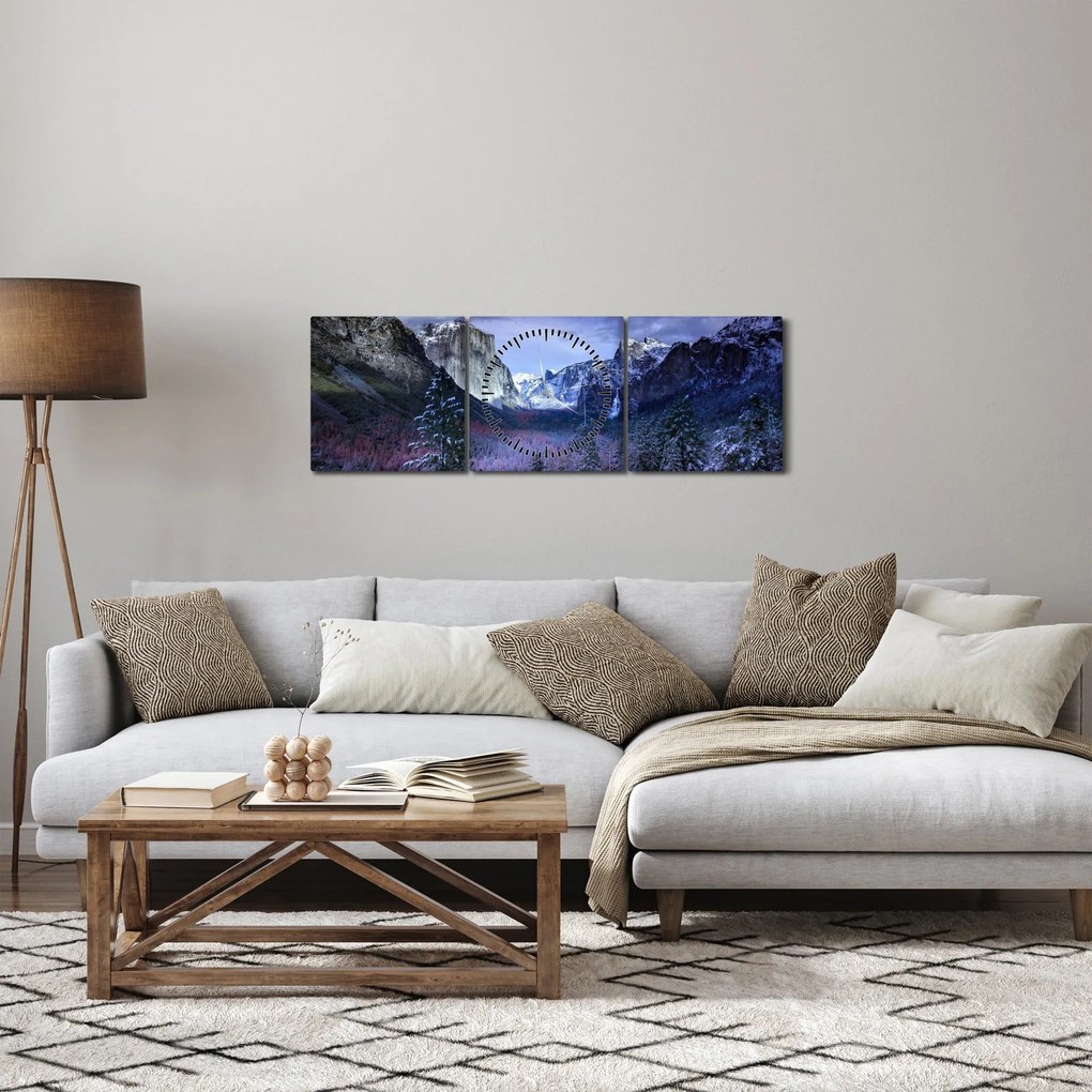 Tablou cu peisaj montan iarna (cu ceas) (90x30 cm)